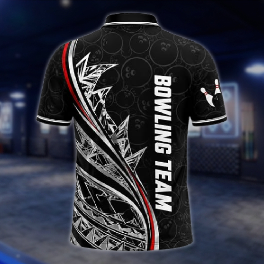 Personalized Tribal Bowling Mens Polo Shirt Black Red White, Custom Tribal Bowling Shirt Team BZ0870 BOW0076
