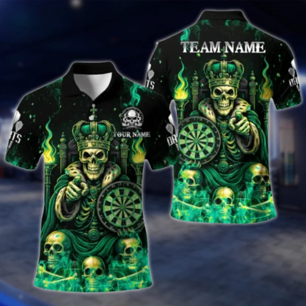 King Skull Custom Mens Purple Flame Dart Polo Shirt, Custom Skull Dart Team Shirts DAT0429
