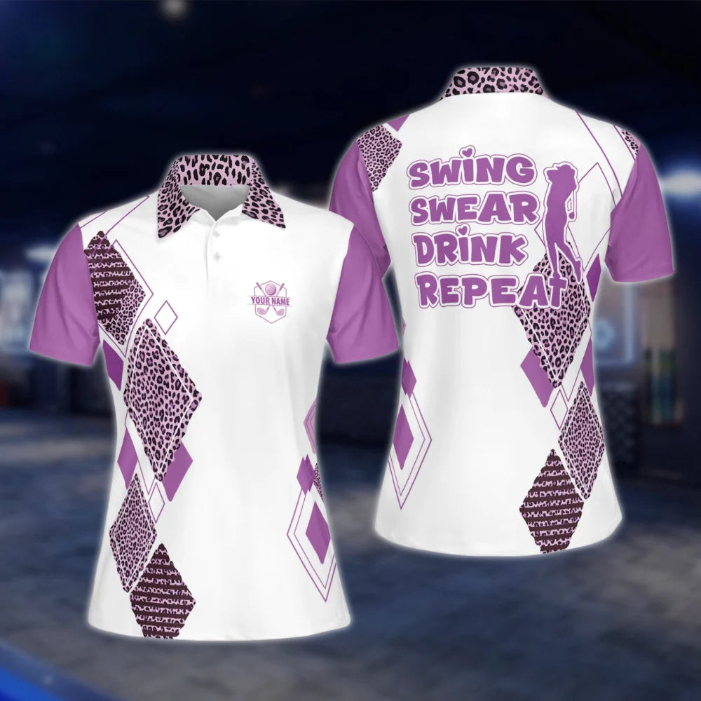 Personalized Swing Swear Drink Repeat Women's Pink Leopard Golf Polo Shirt, Custom Funny Golf Shirt For Ladies GOF0017