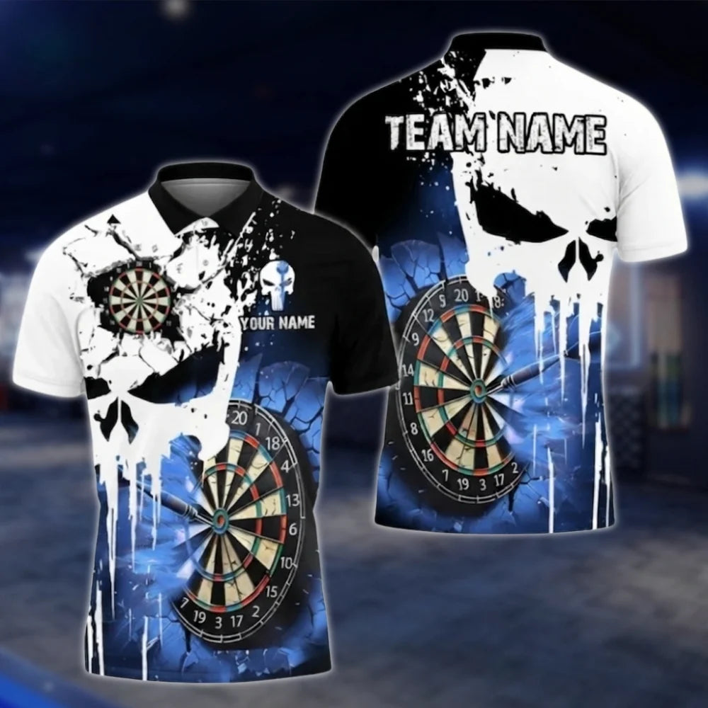 Custom Skeleton Cyan White Men's Dart Polo Shirt, Custom Skull Darts Shirt For Team DAT0342