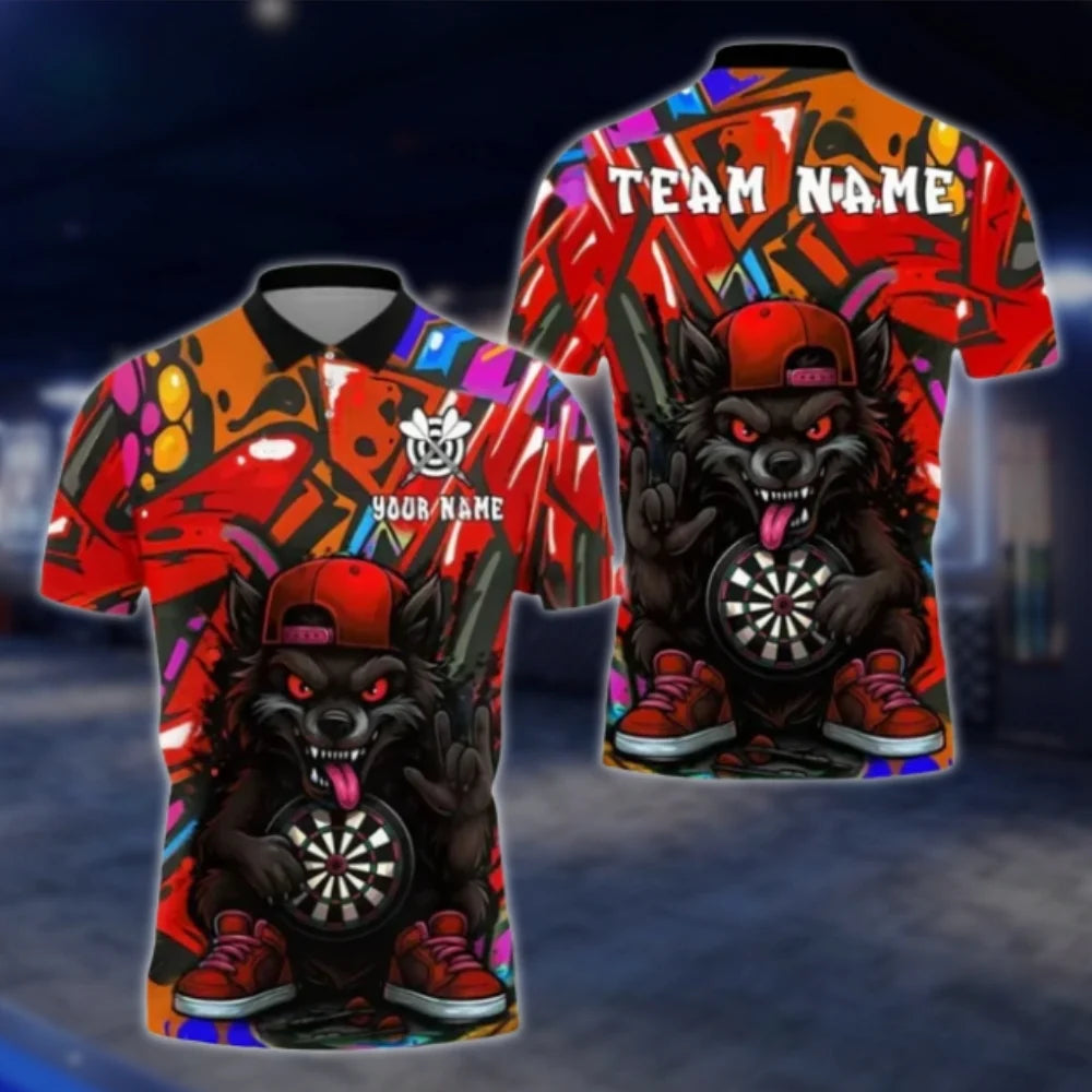 Funny Wolf Custom Graffiti Purple Men's Darts Polo Shirt, Custom Wolf Dart Team Shirts DAT0413