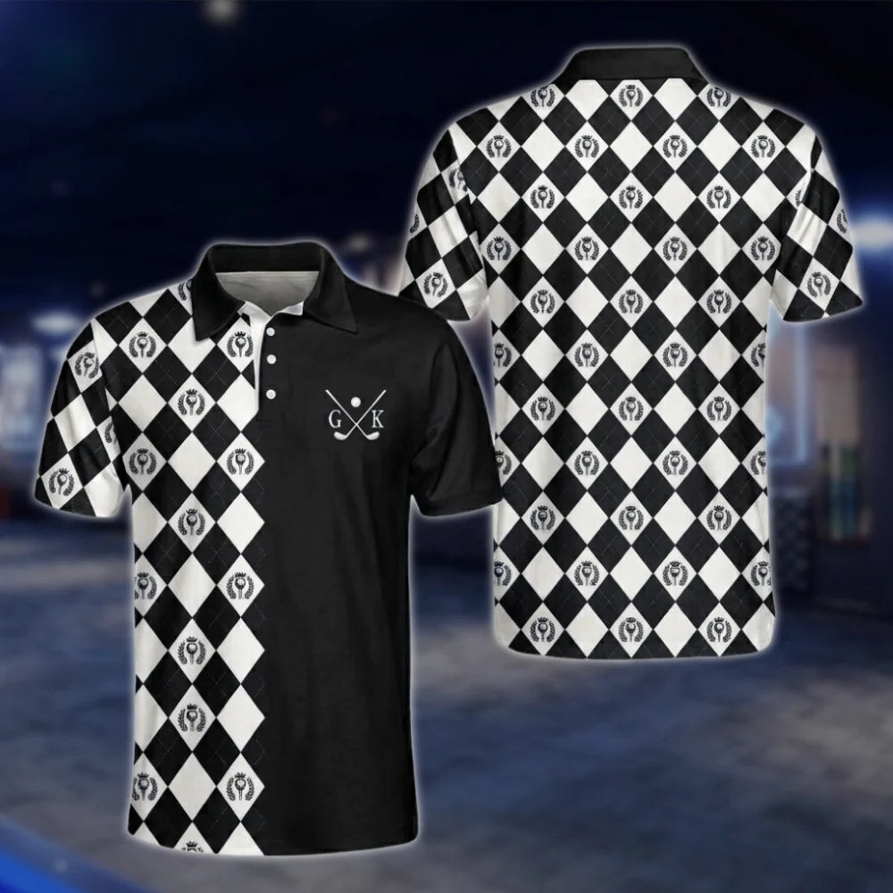 Personalized Initial Name Men's Argyle Golf Polo Shirt, Custom Argyle Golf Shirt Pink GOF0088