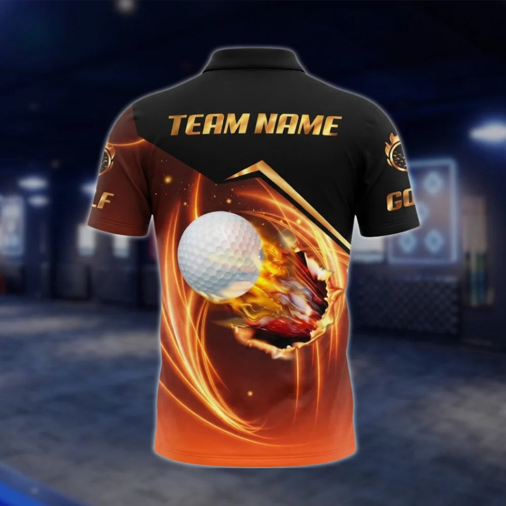 Personalized Fire Golf Ball Golf Polo Shirt Mens, Custom Flame Golf Shirt For Team GOF0027