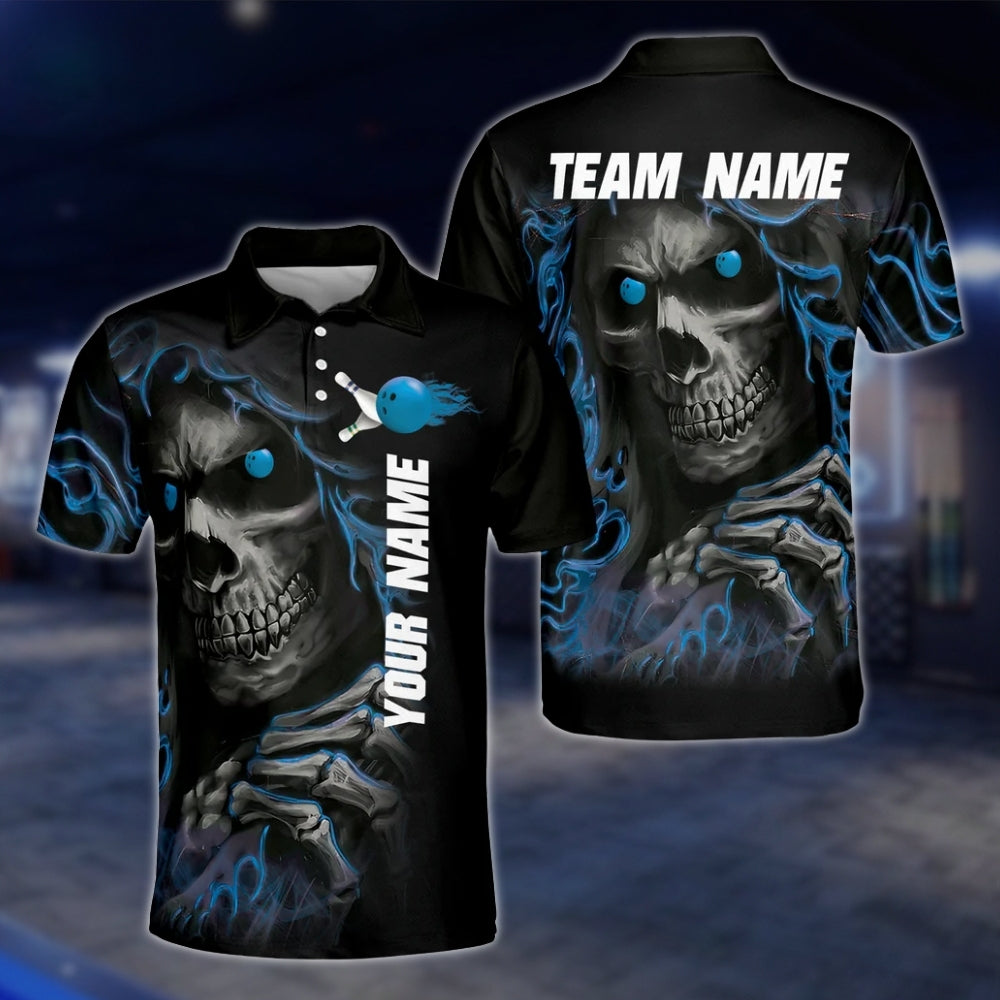Skeleton Green Black Custom Mens Bowling Polo Shirt, Custom Skull Bowling Team Shirts BZ0009 BOW0231