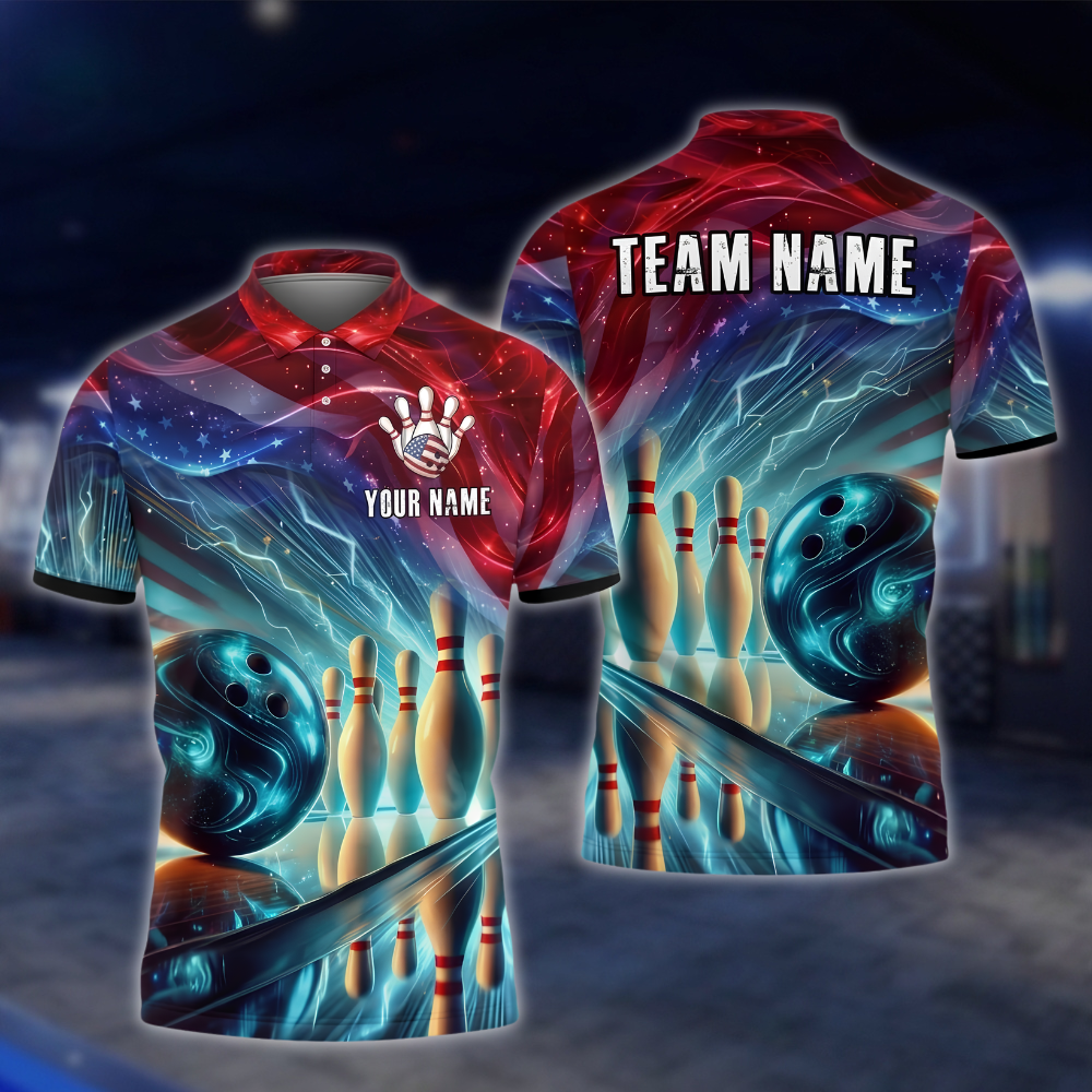 Personalized American Flag Neon Bowling Polo Shirt Mens, Custom Team Patriotic Bowling Shirt BZ0906 BOW0037