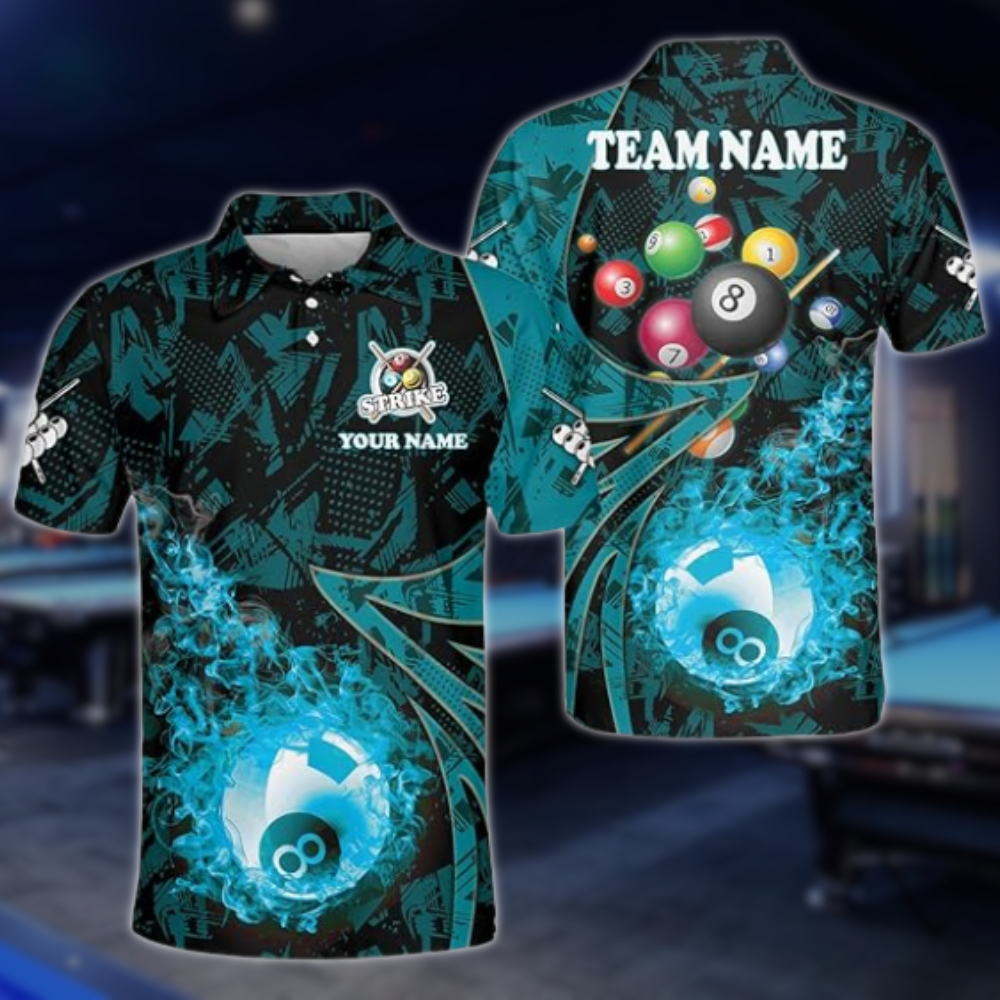 Custom Flame 8 Ball Billiard Polo Shirt For Mens, Custom Flame Billiard Team Shirts BLD0108
