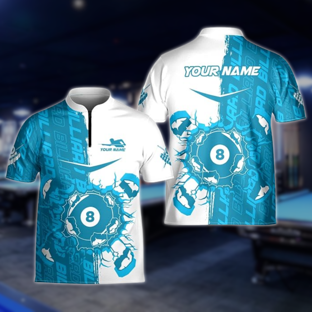 Custom Billiard Jersey Team Shirts, Custom White Blue Break 8 Ball Billiards Team Shirts BLD0293