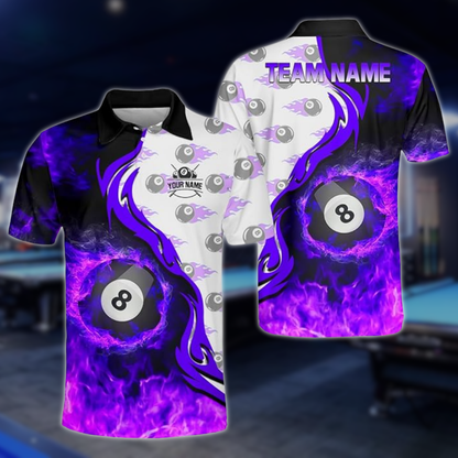 Custom Flame 8 Ball Billiard Men Polo Shirts, Custom Flame Billiard Shirts For Team BLD0253