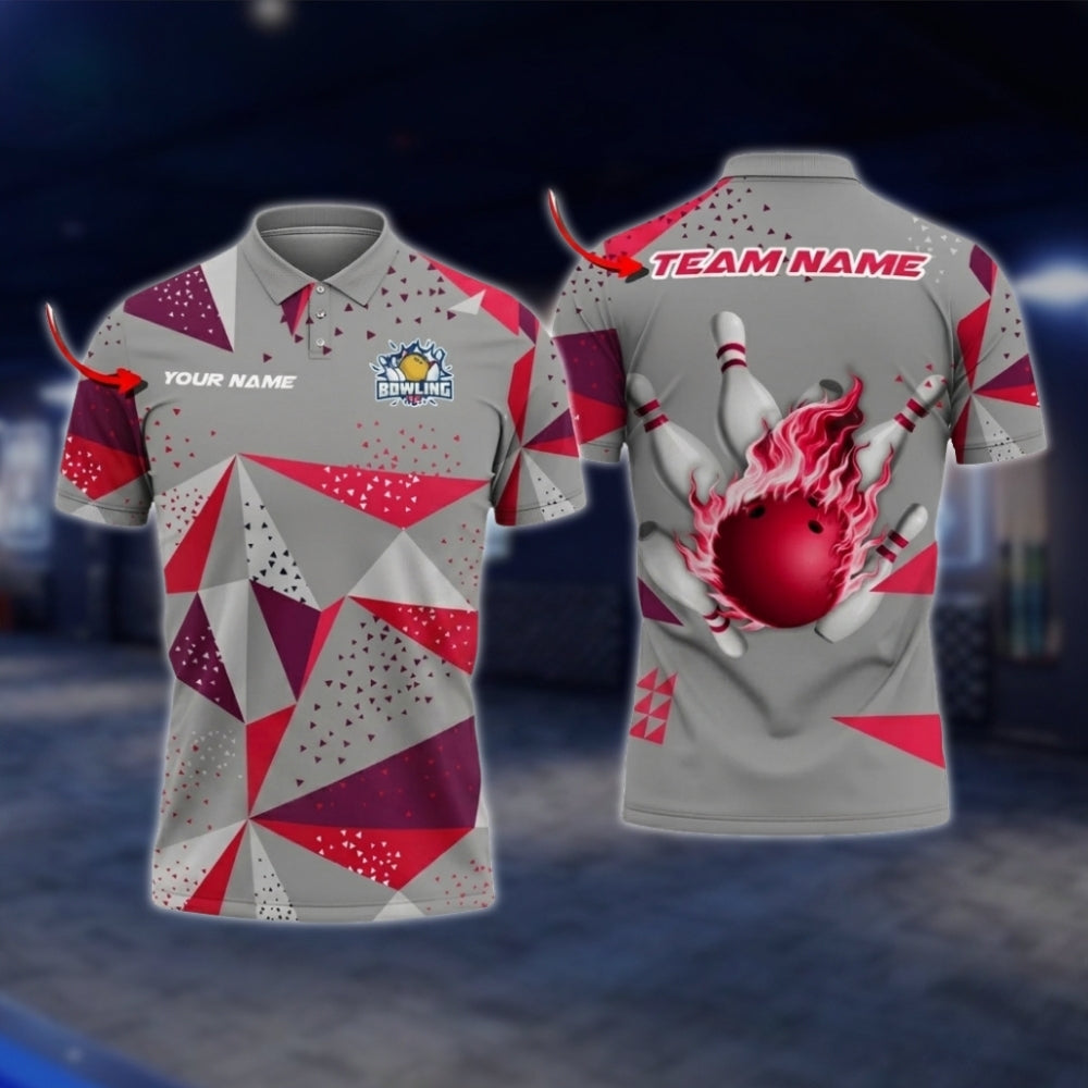 Personalized Geometric Polo Bowling Team Shirts For Men, White And Red Custom Bowling Shirts BZ0732 BOW0187