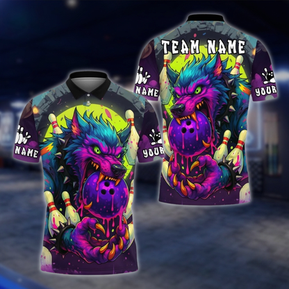 Personalized Wolf Colorful Bowling Mens Polo Shirt, Custom Wolf Bowling Team Shirt BE0215 BOW0156