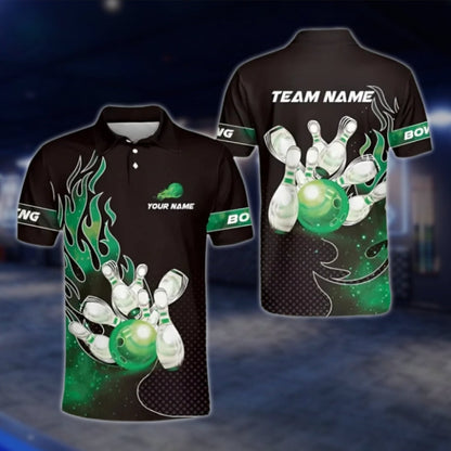 Custom Flaming Bowling Mens Polo Shirt, Black And Red Custom Flame Bowling Shirts Team BZ0177 BOW0379