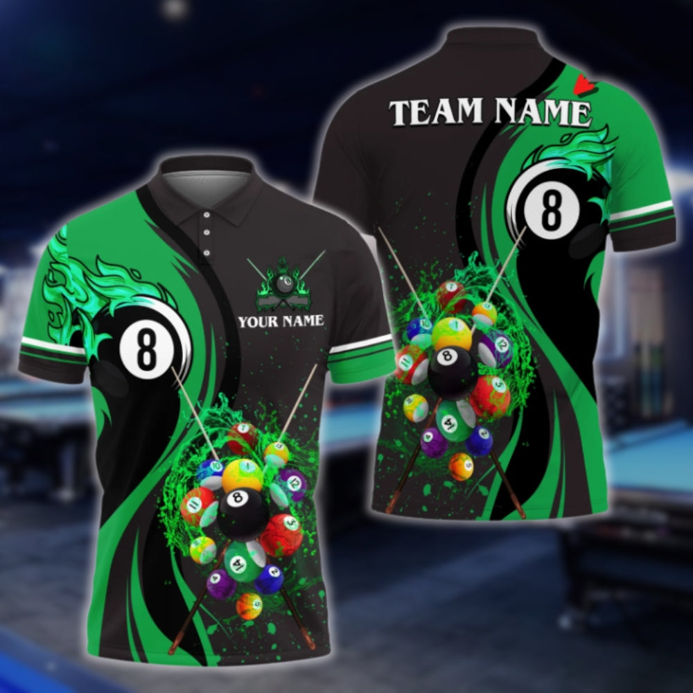 Custom Flame 8 Ball Black Red Billiard Polo Shirt Men, Custom Team 8 Ball Billiard Shirts BLD0036
