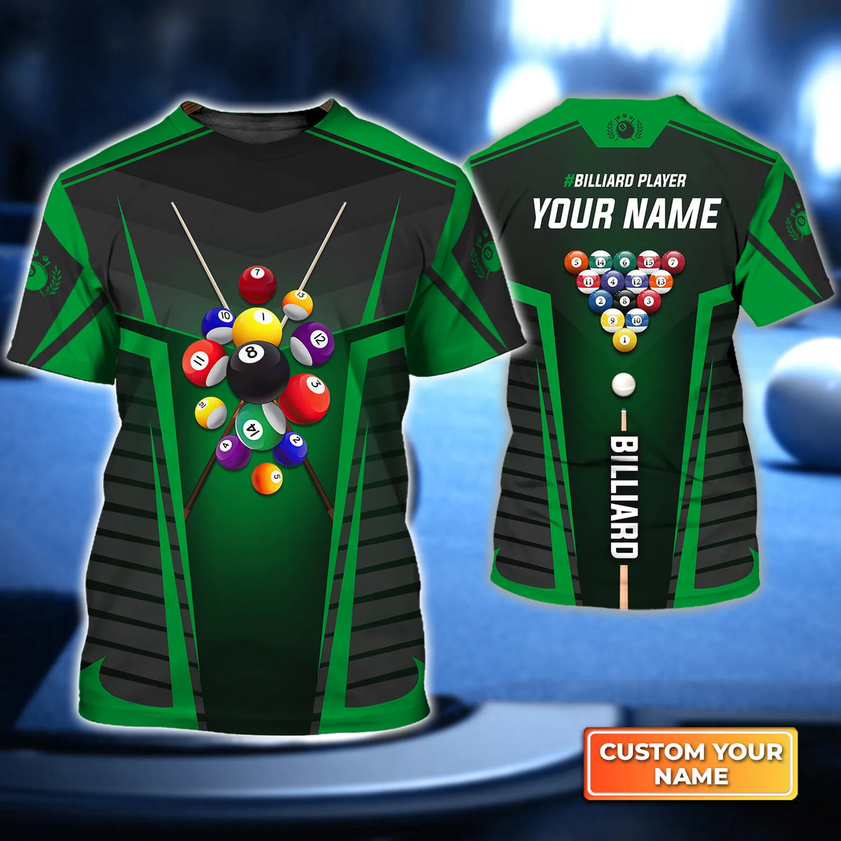 Green Billiard Balls Custom Name 3D Short Sleeve T-Shirt Men's Board Shorts ORN0278