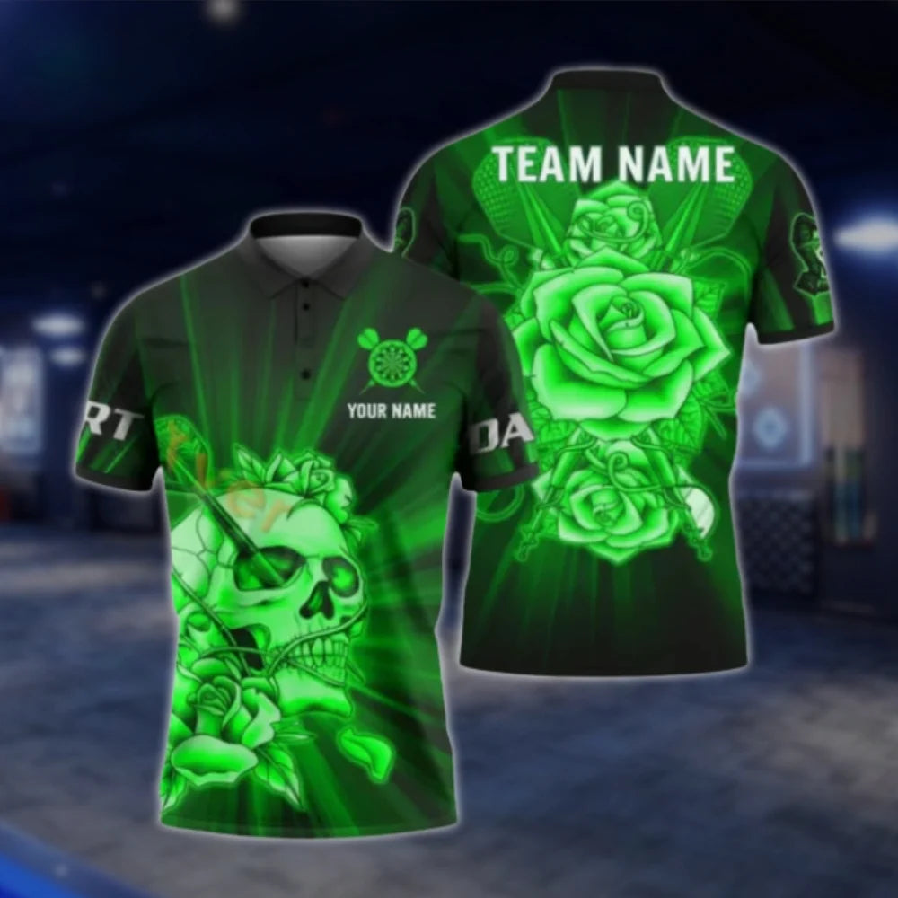 Custom Skull Rose Blue Dart Polo Shirt For Men, Custom Skull Dart Team Shirt DAT0328