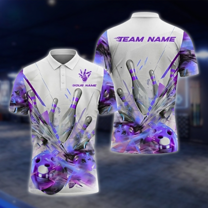 Personalized Broken Ball Bowling Mens White And Pink Polo Shirt, Custom Team Bowling Shits BZ0761 BOW0158