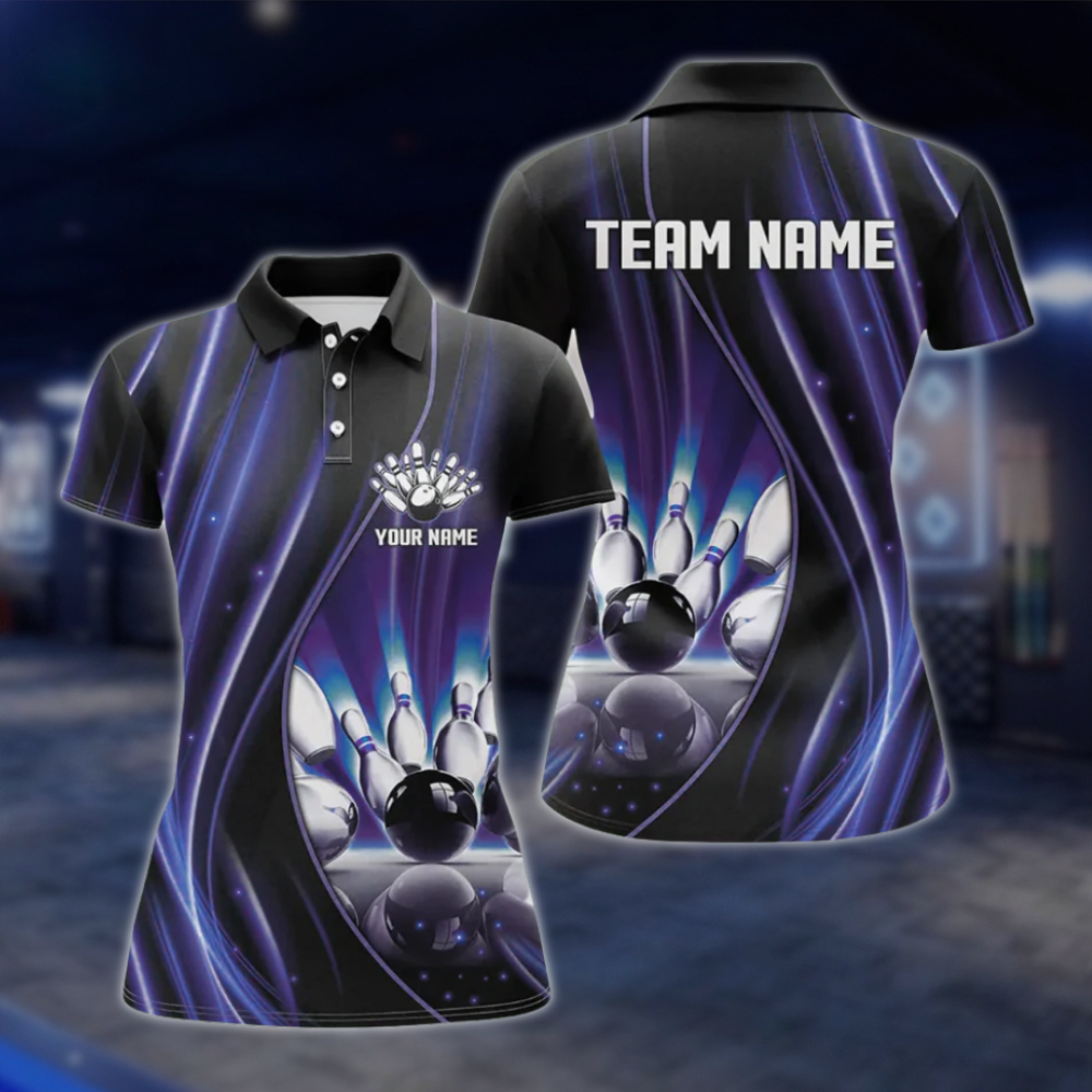 Custom Team Purple Lightning Women's Bowling Polo Shirt, Custom Bowling Shirt For Ladies BZ0488 BOW0282