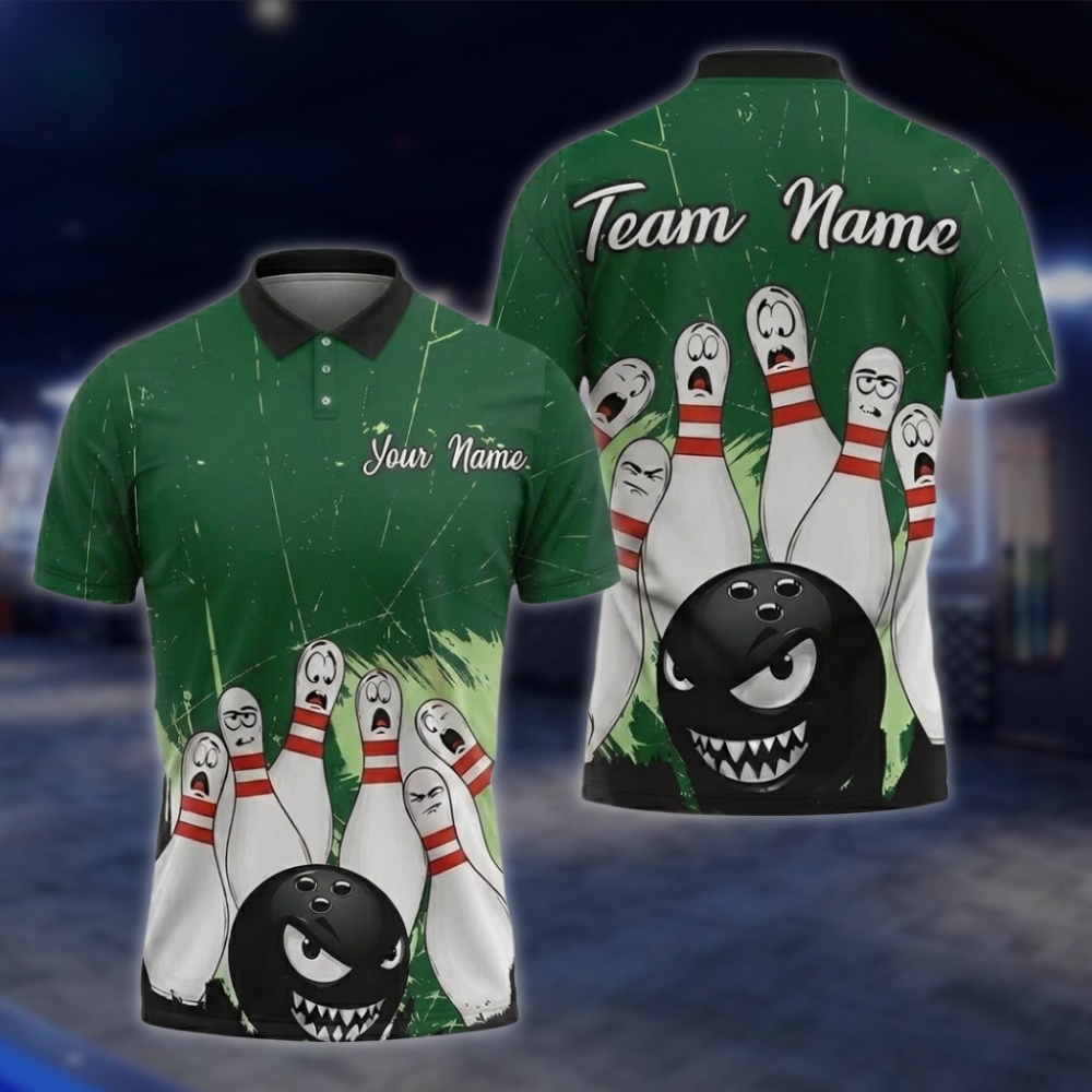 Angry Ball And Scary Pins Personalized Mens Bowling Polo Shirt, Custom Team Bowling Shirts BZ0854 BOW0094