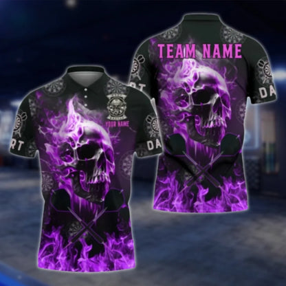 Custom Skull Blue Flame Dart Polo Shirt, Custom Skull Dart Team Shirts DAT0343