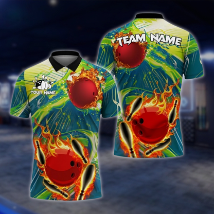 Personalized Flame Bowling Men's Polo Shirt, Custom Flame Bowling Shirts For Team BZ0733 BOW0185