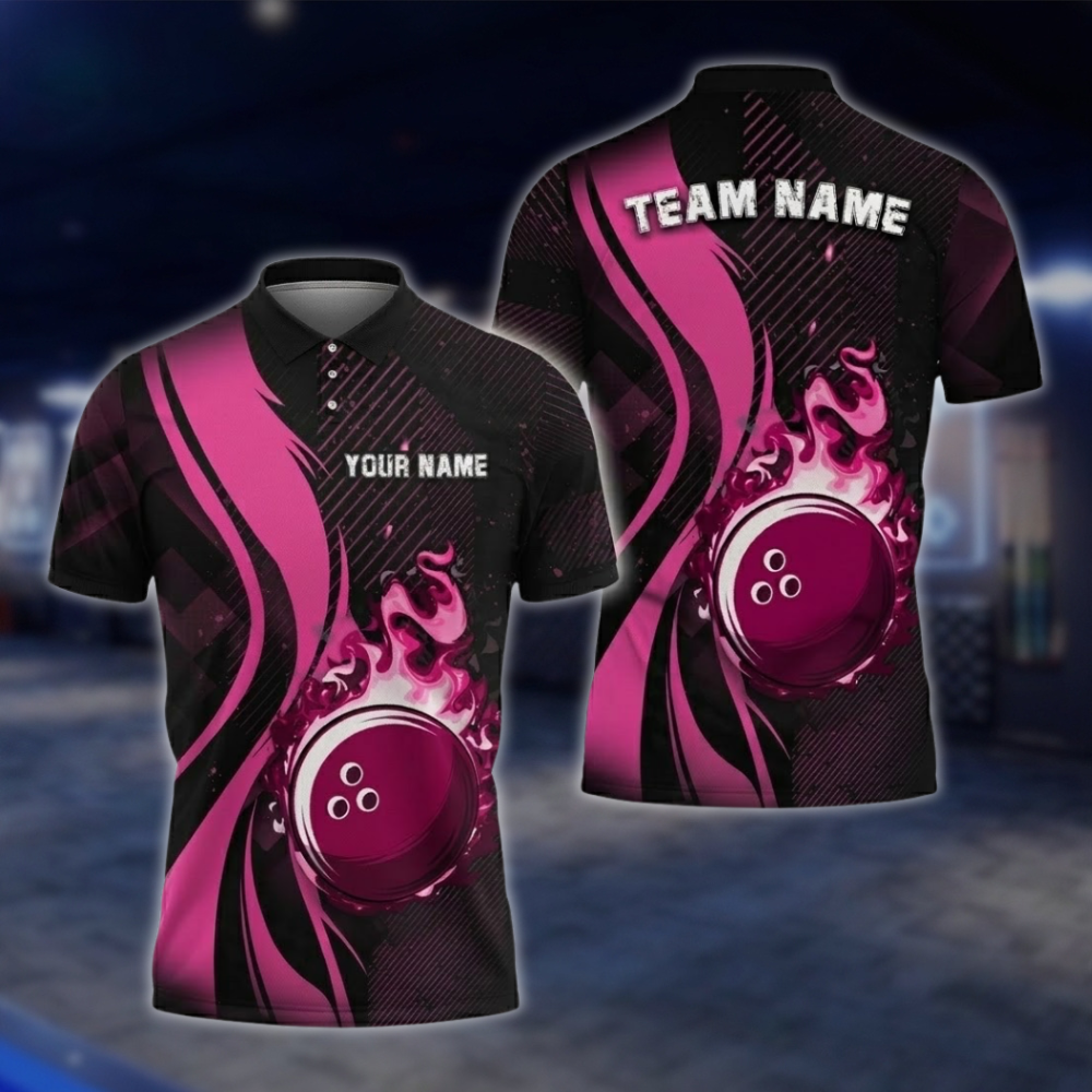 Personalized Flame Ball Men's Blue Black Bowling Polo Shirt, Custom Flame Bowling Team Shirts BZ0746 BOW0173