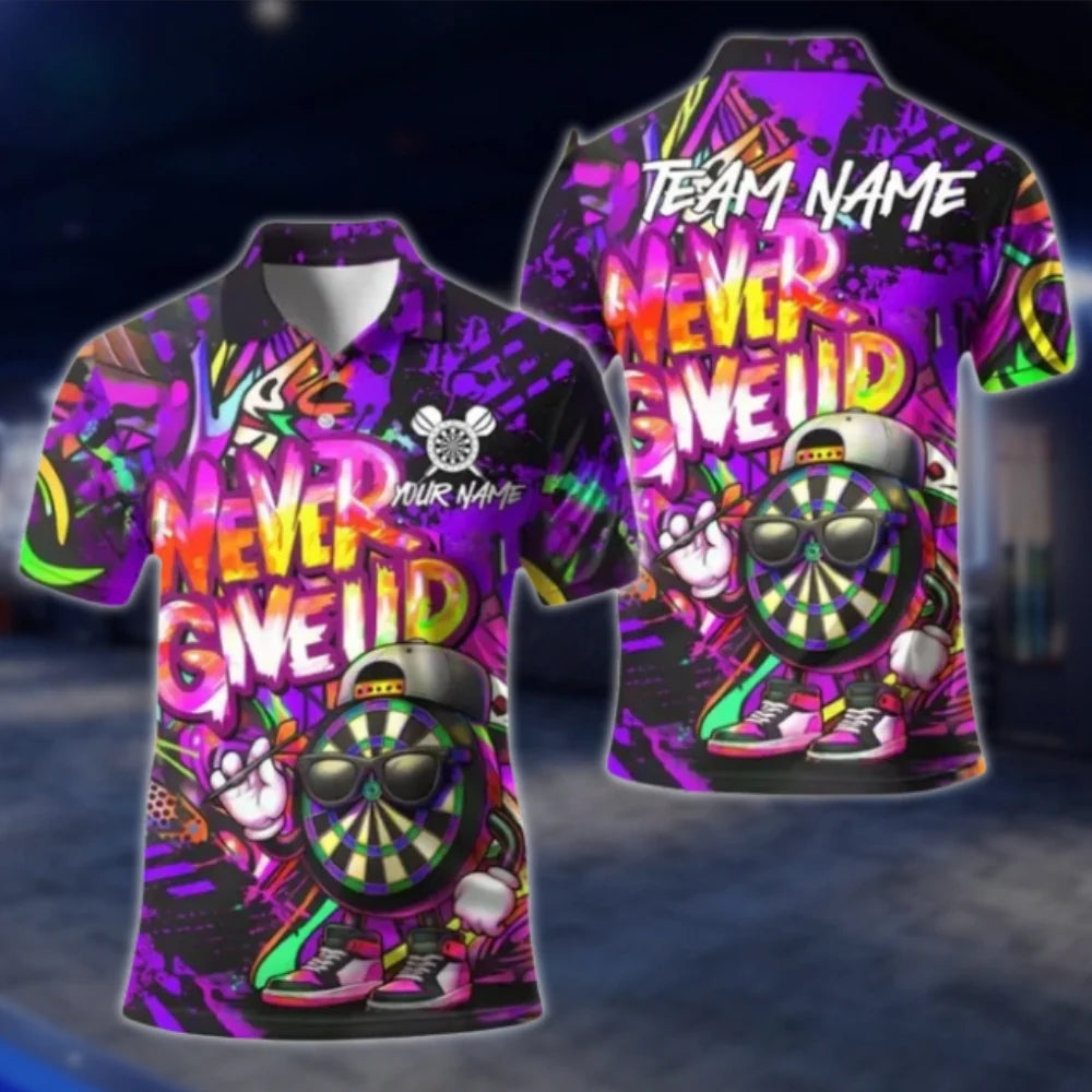 Never Give Up Funny Dartboard Custom Mens Graffiti Dart Polo Shirt, Custom Funny Darts Shirt For Team DAT0380