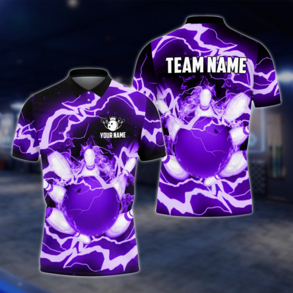 Custom Flame Thuder Men's Blue Bowling Polo Shirt, Custom Flame Bowling Shirts For Team BO0359 BOW0299
