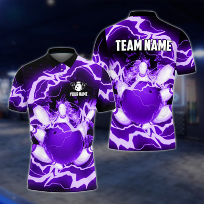 Custom Flame Thuder Men's Blue Bowling Polo Shirt, Custom Flame Bowling Shirts For Team BO0359 BOW0299