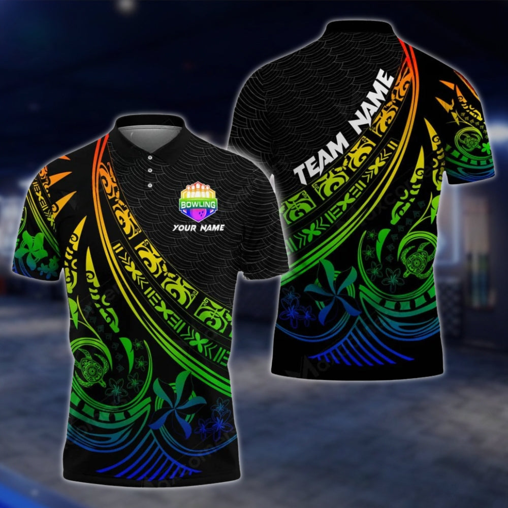 Tribal Black And Cyan Custom Bowling Polo Shirt For Mens, Custom Tribal Bowling Team Shirts BO0201 BOW0441
