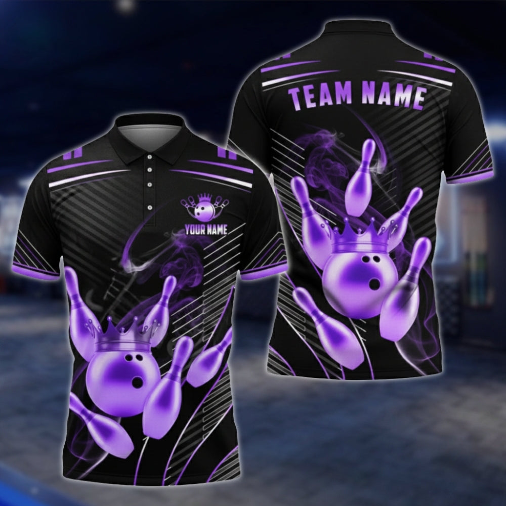 Golden Pins And Ball Custom Team Bowling Polo Shirt For Men, Custom Black Gold Bowling Team Shirts BA0007 BOW0479