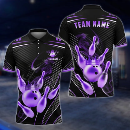 Golden Pins And Ball Custom Team Bowling Polo Shirt For Men, Custom Black Gold Bowling Team Shirts BA0007 BOW0479