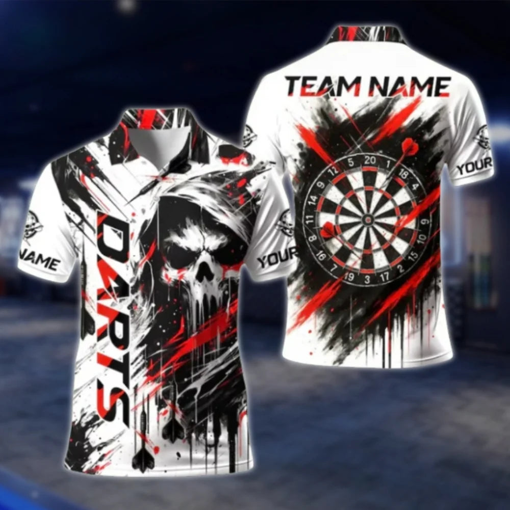 Custom Skeleton Black And White Dart Mens Polo Shirt, Custom Skull Dart Team Shirt DAT0468