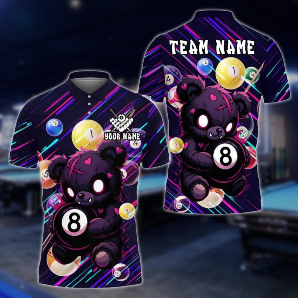 Custom Teddy Bear 8 Ball Billiard Polo Shirt For Men, Custom Bear Billiard Team Shirts BLD0248