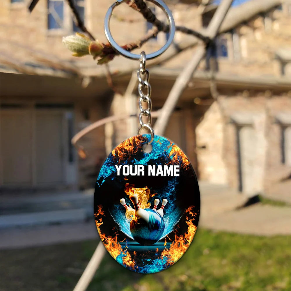 Blue Bowling Ball And Pins On Fire Personalized Name 3D Keychain ORN0178