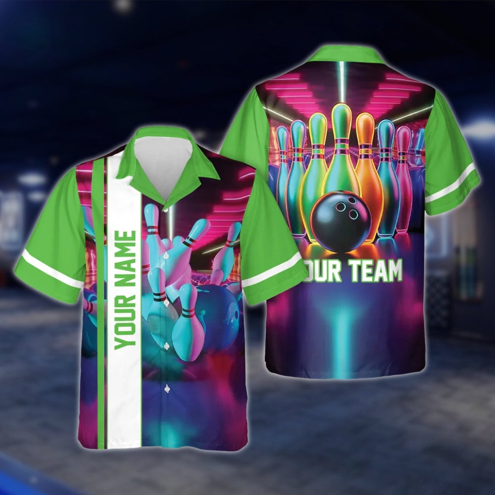 Custom Neon Pink Bowling Men And Women Hawaiian Shirts, Custom Team Bowling Shirts BE0027 BOW0343
