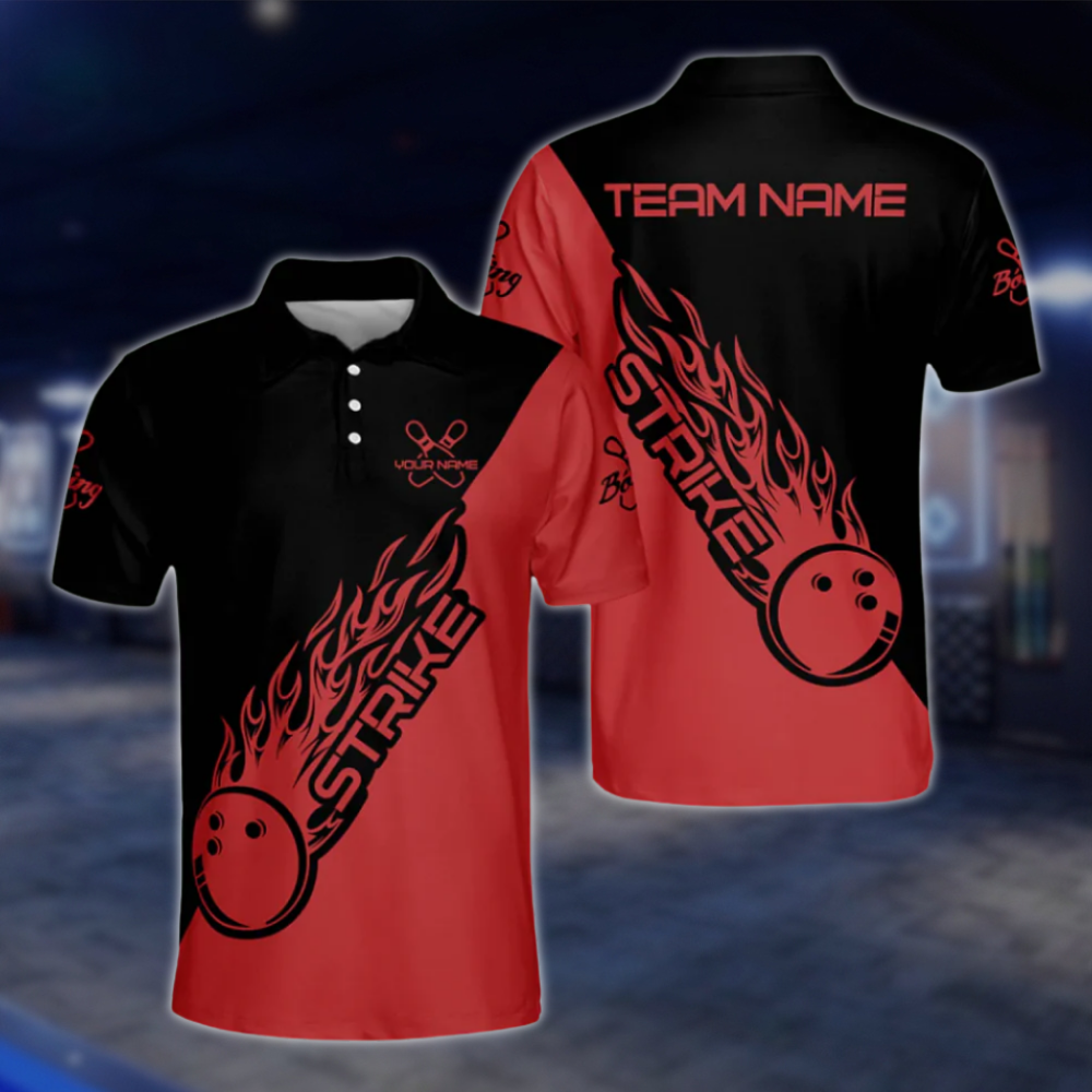 Customized Black Blue Flame Ball Strike Bowling Polo Shirts For Men, Custom Flame Bowling Team Shirts BM0304 BOW0424