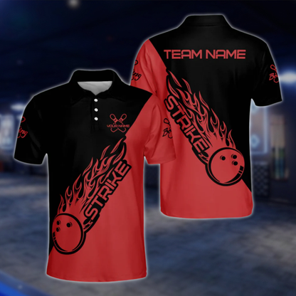 Customized Black Blue Flame Ball Strike Bowling Polo Shirts For Men, Custom Flame Bowling Team Shirts BM0304 BOW0424