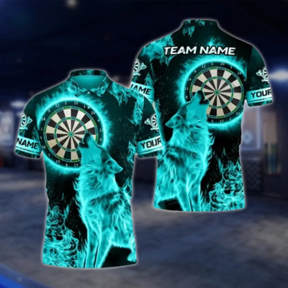 Wolf Blue Flame Custom Mens Dart Polo Shirt, Custom Wolf Team Darts Shirt DAT0420