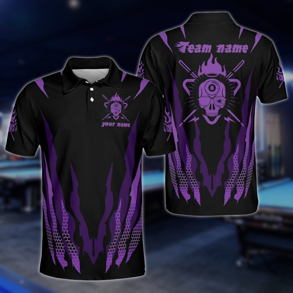 Red And Black Custom Grunge Skull Billiard Polo Shirts For Men, Custom Skull Billiard Team Shirts BLD0225