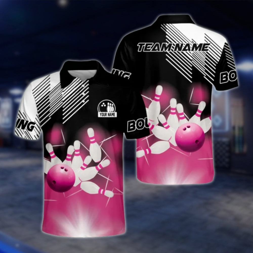 Custom Team Blue Black White Bowling Mens Polo Shirt, Custom Bowlong Shirts BZ0164 BOW0380