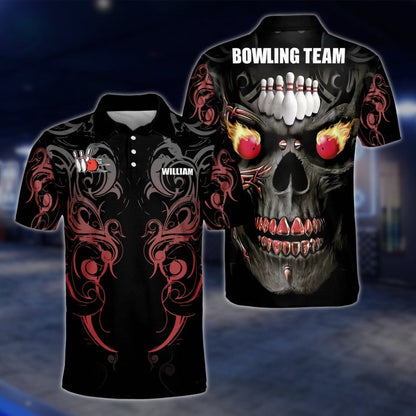 Custom Skull Green Black Bowling Mens Polo Shirt, Custom Skeleton Bowling Team Shirts BZ0188 BOW0261