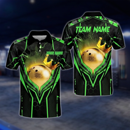 Custom Team Black Blue Bowling Ball King Polo Shirts For Men, Custom Bowling Team Shirts BA0004 BOW0458