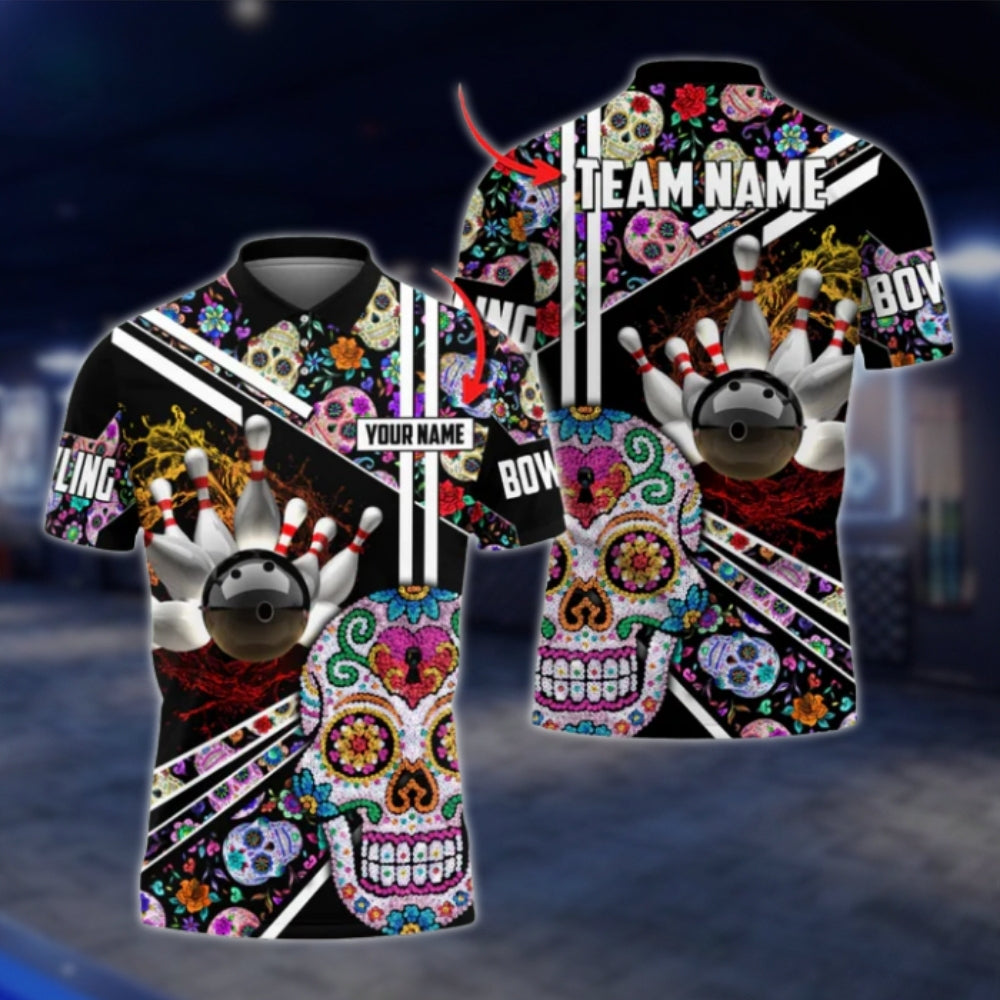 Sugar Skull Custom Mens Bowling Polo Shirt, Custom Skull Day Of The Dead Bowling Team Shirts BO0337 BOW0403