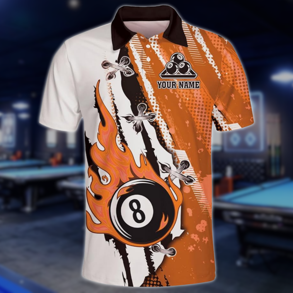 Custom Flaming 8 Ball Blue And White Billiard Men's Polo Shirt, Custom 8 Ball Billiard Team Shirts BLD0259