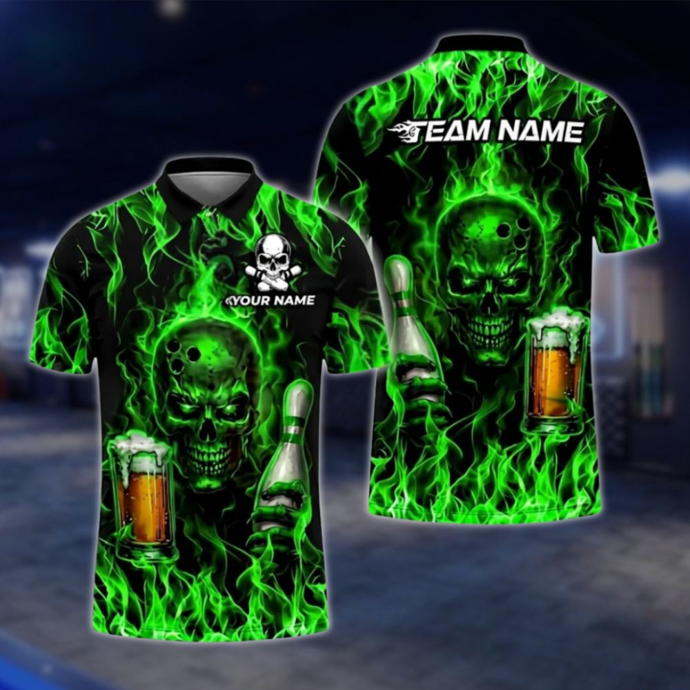 Personalised Blue Flame Skull And Beer Mens Bowling Polo Shirts, Custom Team Skull Bowling Shirts BZ0468 BOW0466