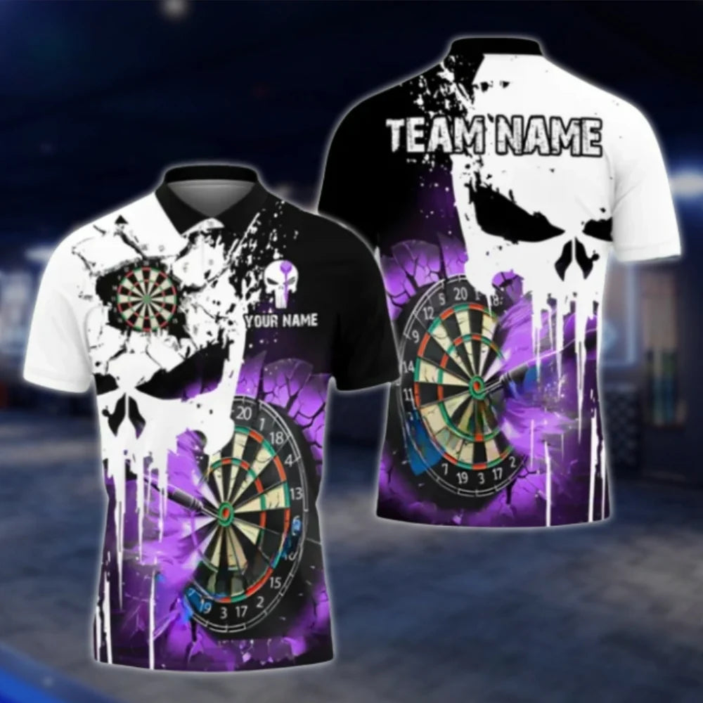 Custom Skeleton Cyan White Men's Dart Polo Shirt, Custom Skull Darts Shirt For Team DAT0342