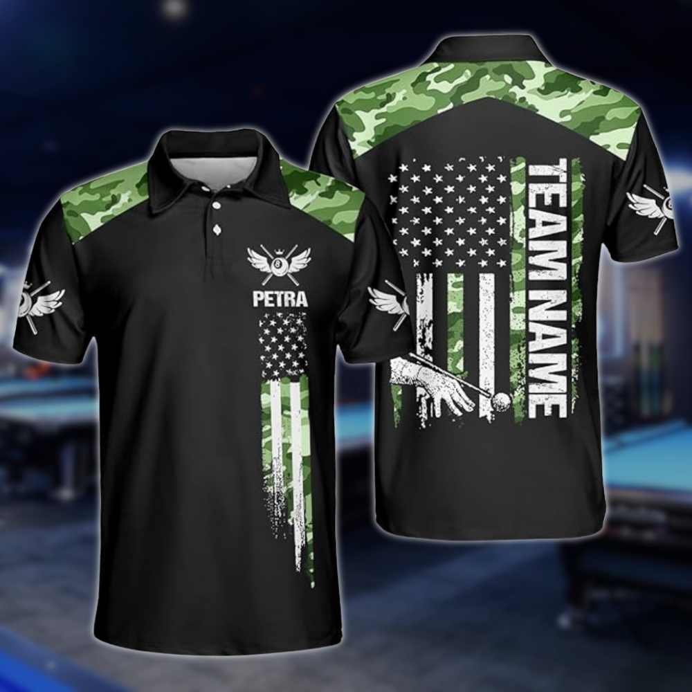 Custom Blue Camo USA Flag Billiard Men Polo Shirts, Custom Camo Patriotic Billiard Shirts For Team BLD0209