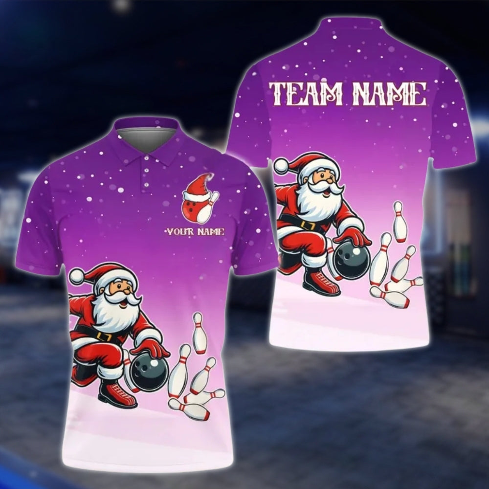 Santa Playing Bowling Custom Mens Xmas Bowling Polo Shirt, Custom Christmas Bowling Team Shirts BE0116 BOW0386