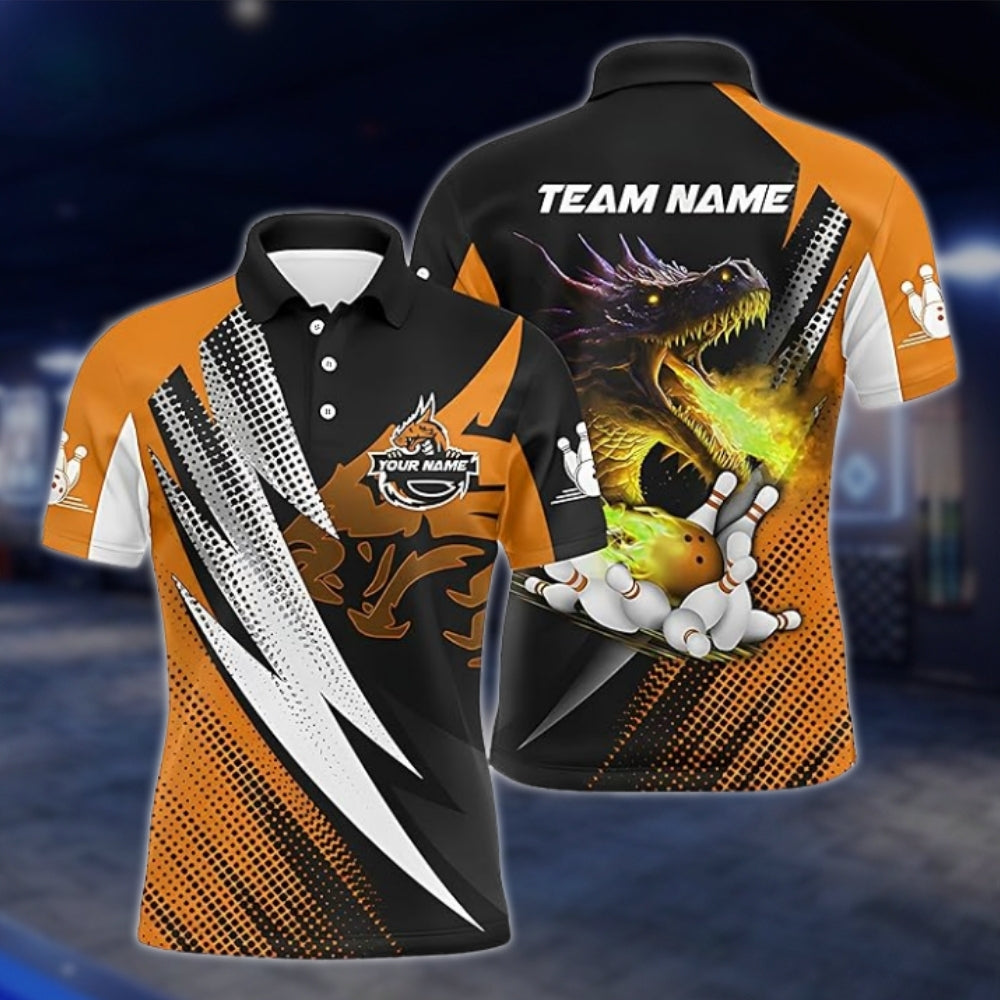Custom Dragon Fire Bowling Polo Shirt For Men, Black Red Custom Dragon Bowling Team Shirts BZ0192 BOW0485