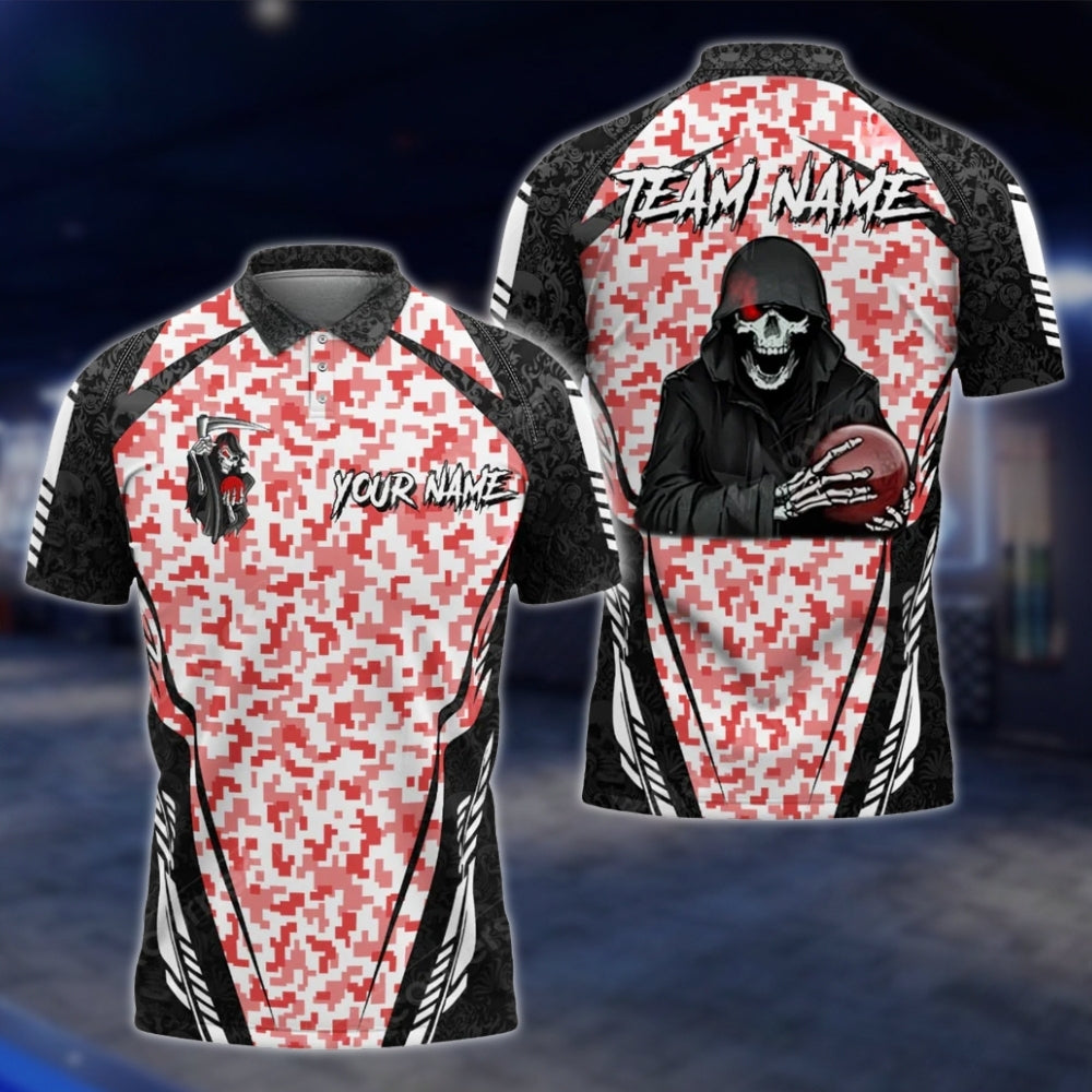 Custom Skeleton Camo Bowling Mens Polo Shirt, Custom Skull Bowling Shirts For Team BO0334 BOW0192