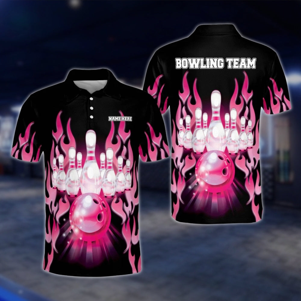 Custom Flame Red Black Bowling Polo Shirt For Mens, Custom Flame Bowling Shirts Team BM0020 BOW0262